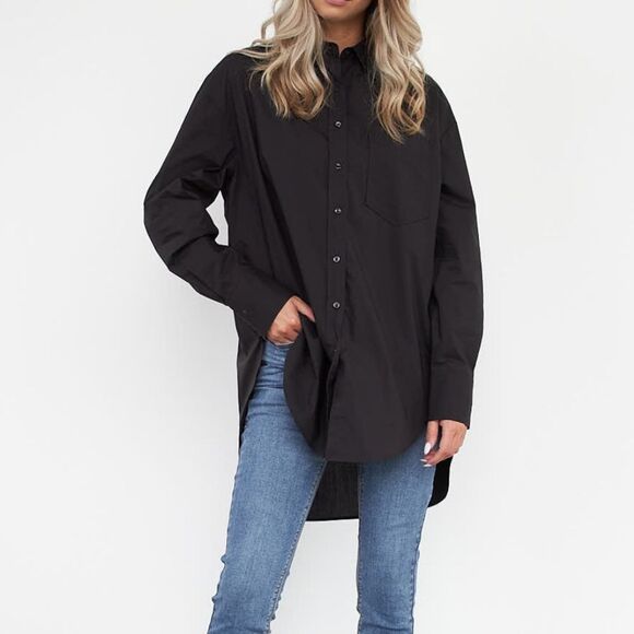 WB Hannah Pop Oversized 100% Organic Cotton Button Down Tunic Shirt Black - Picture 2 of 13